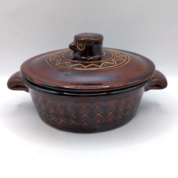 Vintage Hall Art Pottery Brown Ceramic Stoneware Handled & Lidded Bowl Bean Pot - Picture 1 of 12